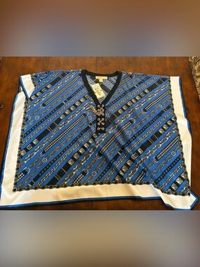 Michael Kors Blue and Black Chain-Print V-Neck Poncho style Top